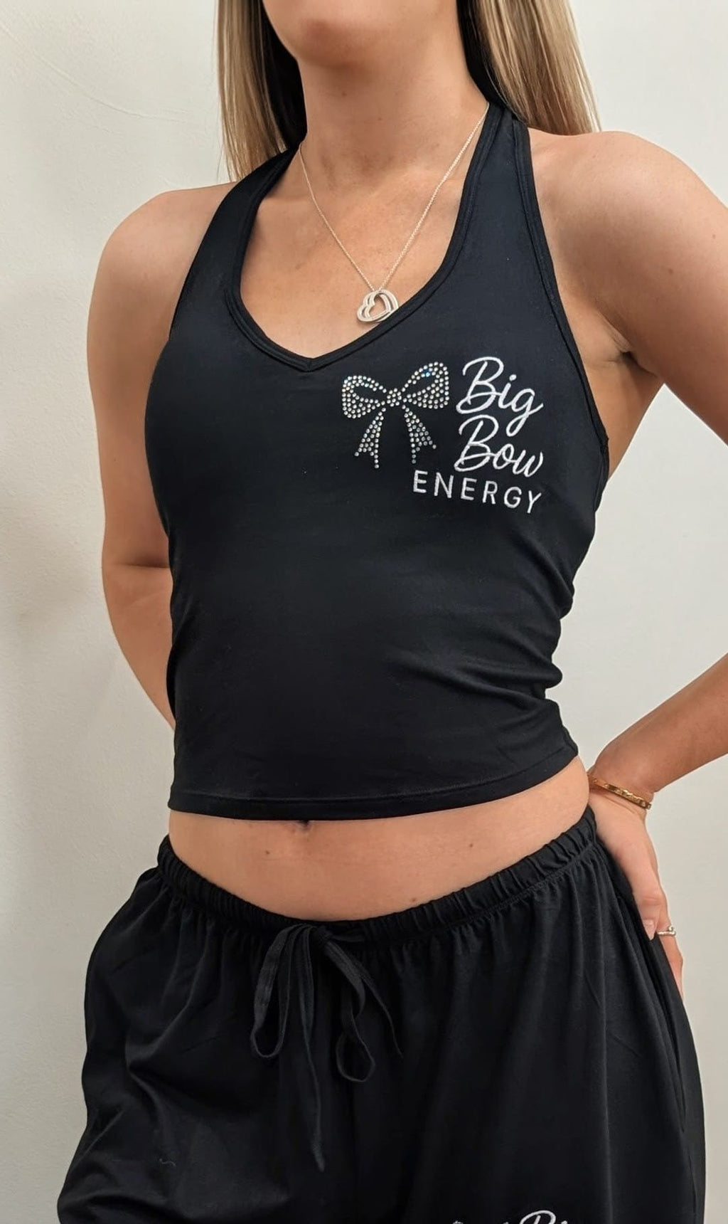 Big Bow Energy Rhinestone Halter Top & Wide-Leg Trouser Set